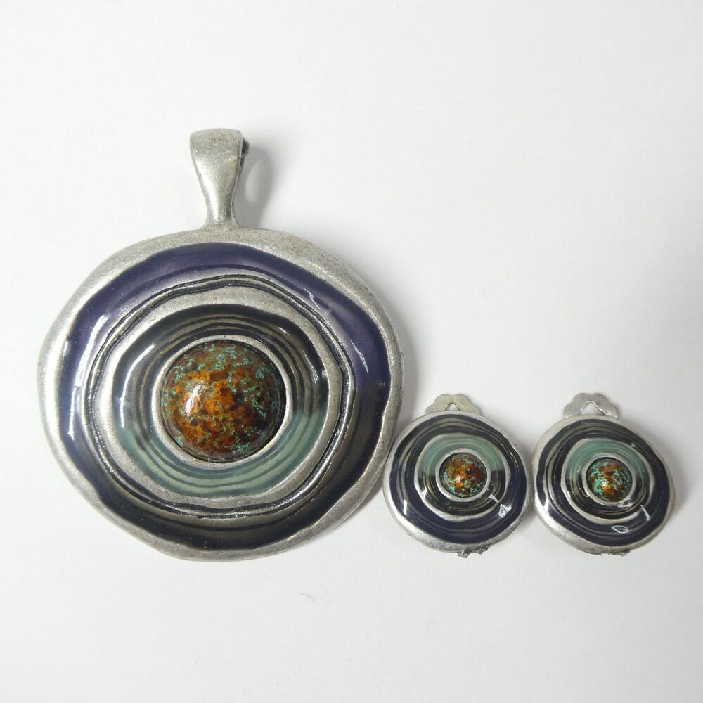 Enamel Jewelry Set Silvertone Pendant & Earrings Vintage Artisan Swirl
